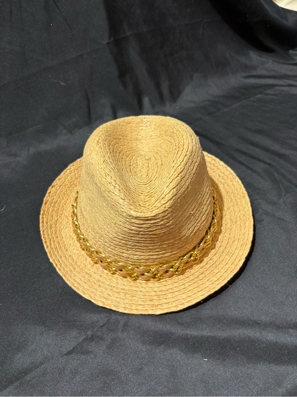 Magid Natural Straw Fedora with Gold Chain Trim